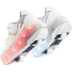 Kid's Girls Roller Sneaker 2 Wheels LED Light Up USB Rechargeable Whitte Shoes